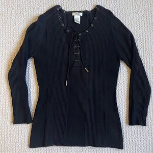 Y2K Cache Ribbed Knit Lace Up Sweater Top Form-Fitting Goth Grudge